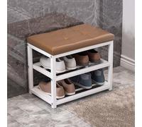 Banc à chaussures à 3 niveaux avec assise en cuir synthétique, cadre en métal robuste, capacité de 136 kg, élégant nizer pour entrée, salon, marron, 50 x 45 x 45 cm