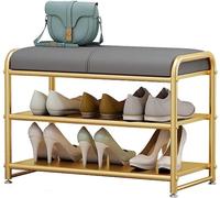 Banc à chaussures avec cadre en métal doré, ottomane de rangement avec coussin, étagère à chaussures compacte pour les petits espaces, banc bas élégant, parfait pour l'organisation de l'entrée