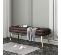 Banc à chaussures avec surface de rangement, rangement à chaussures pour le pied du lit, banc de canapé avec revêtement en cuir synthétique, capitonnage à boutons et pieds dorés, ottoman avec espace