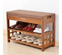 Banc à Chaussures Banc Organisateur de Rangement à Clapet en Bambou à 2 Niveaux avec Coussin Rembourré Amovible et Charnière pour Entrée Chambre Salle de Bains Salon Couloir, Assemblage Faci