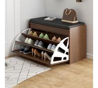Banc à chaussures d'entrée avec siège rembourré et portes pour rangement de chaussures en bois sur pied, meuble de rangement à chaussures avec tiroir à rabat caché pour couloir, marron, 60 x 30 x 50