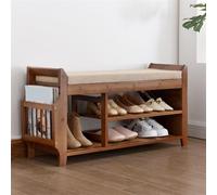 Banc à chaussures en bambou à 2 niveaux avec coussin amovible et tiroir latéral - Organiseur d'entrée élégant, rangement de chaussures peu encombrant pour couloir, maison et vestiaire