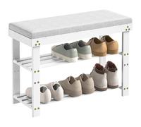 Banc à chaussures en bambou, étagère à chaussures à 3 niveaux, banc d'entrée avec coussin et étagères réglables, étagère à chaussures pour entrée, couloir, vestiaire et salon, blanc