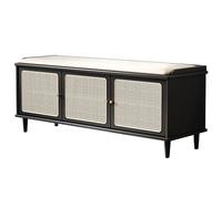 Banc à chaussures en bois massif avec coussin et armoire de rangement en rotin, banc d'entrée respirant pour couloir, foyer et chambre à coucher, assemblage facile, 100 cm, marron