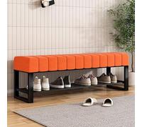 Banc à chaussures en velours avec assise rembourrée à 2 niveaux de rangement pour chaussures d'entrée Cadre en métal noir Pouf pour chambre à coucher Dimensions : 100 x 32 x 45 cm Couleur : orange