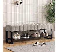 Banc à chaussures en velours avec siège rembourré à 2 niveaux Ottoman de rangement pour chaussures pour entrée Cadre en métal noir Pouf pour chambre à coucher (Taille : 80 x 32 x 45 cm Couleur : gris)