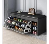 Banc à chaussures gris avec coussin supérieur pour une assise confortable et un rangement peu encombrant. Étagère à chaussures facile à monter soi-même pour tous les types de chaussures jusqu'à cuir