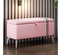 Banc à chaussures moderne en cuir rose avec siège rembourré et rangement en bois massif, meuble à chaussures multifonction pour entrée, 71 x 35,6 x 45,7 cm