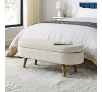 Banc à chaussures moderne rembourré ovale de 110,5 cm pour entrée, salon et chambre à coucher, tissu de lin beige, solution de rangement parfaite pour les meubles de lit