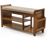 Banc à chaussures multifonction à 3 niveaux avec tiroir caché et coussin en lin, élégant nizer d'entrée avec rangement latéral pour le salon (marron, 98 x 29 x 49 cm)