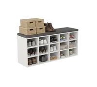 Banc à Chaussures Relaxdays, Coussin Amovible et 15 Compartiments, Couloir, Chambre, étagère à Chaussures, Blanc/Gris
