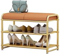 Banc à chaussures Tabouret d'entrée avec espace de rangement Cadre en métal doré et coussin vert Petit meuble d'entrée pour chaussures Banc bas pour petits espaces