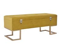 Banc avec compartiment de rangement en velours jaune moutarde de 105 cm de long avec coussin d'assise rembourré et pieds en fer doré revêtu par pulvérisation, siège pratique pour couloir, couloir et