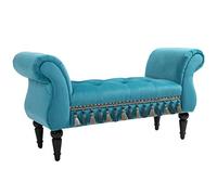 Banc Banquette capitonnée Design accoudoirs courbés Pompons Pieds Bois hévéa revêtement Velours Bleu