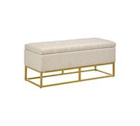 Banc banquette coffre de rangement 2 en 1 piètement acier doré assise capitonnée tissu beige