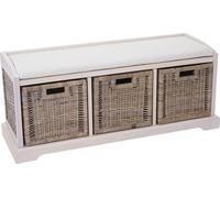 Banc Bienne, boîte de rangement, 3 paniers, rotin tressé Kubu, 112x46x37cm ~ blanc