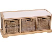 Banc Bienne, boîte de rangement, 3 paniers, rotin tressé Kubu, 112x46x37cm ~ clair