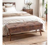 Banc bout de lit banquette capitonnée style vintage 114 x 38 x 42 cm piètement bois revêtement marron effet vieilli