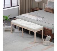 Banc bout de lit banquette capitonnée style vintage français revêtement tissu aspect lin pieds en bois massif crème