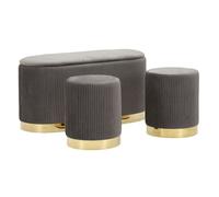 Banc Coffre & 2 Poufs "Shopy" 80cm Gris & Or