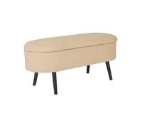 Banc coffre. bout de lit avec revêtement bouclette texturée. beige. pieds en bois noir. L 112 x 44 x 50cm