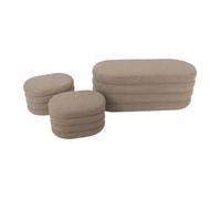 Banc coffre en bouclettes taupe avec 2 poufs ovales de rangement intégrés - L111cm