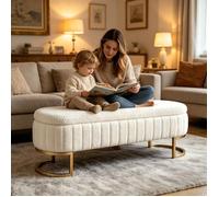 Banc coffre en velours - 130 cm - Crème - Grand espace de rangement - Revêtement en velours doux - Pieds en métal doré