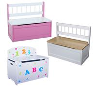 Banc coffre pour enfants Banc de meubles pour enfants Coffre en bois Coffre à jouets Coffre à siège, rose, blanc, lettres, bois résineux, MDF Pink