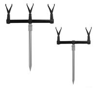 Banc de canne à pêche pour carpe avec tête de support en aluminium et barres transversales offrant une prise en main sûre sur des terrains inégaux et compatibilité avec plusieurs types de canne à