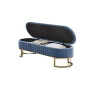 Banc de chambre à coucher capitonné en velours moderne avec rangement pour bout de lit, entrée ou pied de lit, bleu avec pieds dorés, 140 x 45 x 43 cm