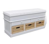Banc de couloir avec espace de rangement, blanc, en bois de paulownia, 100 x 35 x 50 cm, avec 2 tiroirs, 3 caisses, coussins d'assise et coussins pour couloir, garde-robe, chambre à coucher et salon