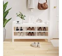 Banc de couloir blanc en pin massif 110 x 40 x 60 cm avec 6 compartiments, banc stable pour couloir, entrée et garde-robe, banc de rangement polyvalent pour la maison