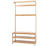 Banc de couloir en bambou avec porte-manteau et rangement à chaussures, 3 étagères, 6, 8, 10 crochets, montage facile, extra solide et nizer d'entrée pour la maison