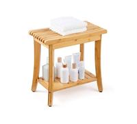 VEVOR Banc de douche en bambou, 485 x 288 x 465 mm, tabouret de douche étanche avec étagère de rangement, capacité de 149,7 kg, pour adultes, personnes âgées, intérieur et extérieur, salle de bain