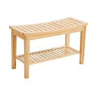 Banc de douche imperméable en bambou avec étagère de rangement - Tabouret à 2 niveaux pour salle de bain, salon, chambre à coucher et jardin - Idéal pour l'organisation des serviettes et du shampooing