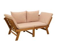 Banc de jardin 3 en 1 avec coussin en bois d'acacia massif naturel | Panneaux latéraux rabattables, fonction lit de jour, résistant aux intempéries, housses en polyester