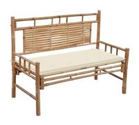 Banc de jardin avec coussin, 120 cm, en bambou, avec dossier, pour terrasse | Coussin 100 % polyester, traité imperméable, avec bandes de fixation, facile d'entretien, stable et durable