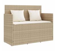 Banc de jardin avec coussins beige en polyrotin avec compartiment de | Coffre sous assise, housse étanche, ouverture par vérin à gaz, coussin déhoussable, cadre en acier