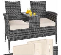 Banc de jardin en polyrotin 2 places avec coussins table intégrée 143 x 55 x 88 cm Salon de jardin extérieur gris