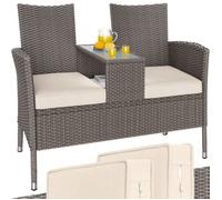 Banc de Jardin en polyrotin 2 Places avec Coussins Table intégrée 145 x 58 x 87 cm Salon de Jardin extérieur crème