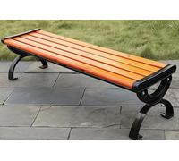 Banc de jardin en fonte, lattes en bois orange avec cadre noir, 150 cm, dossier ergonomique, assise de parc d'extérieur robuste avec base renforcée, capacité de 400 kg
