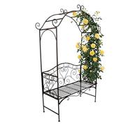 Banc de jardin en métal 2 places noir avec arche de roses - 200 x 124 cm - Banc en fer résistant aux intempéries jusqu'à 150 kg avec treillis - Banc en métal avec plantes grimpantes