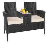 Banc de Jardin en polyrotin 2 Places avec Coussins Table intégrée 143x64x87 cm Salon de Jardin extérieur Noir