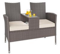 Banc de Jardin en polyrotin 2 Places avec Coussins Table intégrée 145 x 58 x 87 cm Salon de Jardin extérieur crème