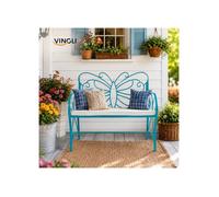 Banc de Jardin Extérieur 2 Places-VINGLI-Fer forgé Motif Papillon Bleu avec Coussin