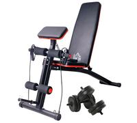 HOMCOM Banc de musculation pliable inclinable réglable sangles élastiques support haltères inclus acier noir rouge + Ensemble d'haltères Courtes Total 20 Kg acier HDPE noir