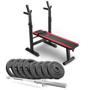 Hop-Sport Banc de Musculation Pliable Plat HS-1080 et Ensemble d’haltères, Disques de Poids en Fonte de 39 kg, Avec Support Barre Longue Réglable, Charge Max. 270 kg Noir / Rouge