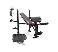 Hop-Sport Banc de Musculation Pliable HS-1055 avec Pupitre de Curl, Papillon, Presse à jambes et Set d'haltères de 39 kg en fonte, disques de 31 mm et barre longue Noir / Rouge