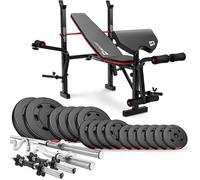 HOP-SPORT® Banc de Musculation Pliable HS-1055 avec Pupitre de Curl, Papillon, Presse à Jambes, Set de disques de Poids en Plastique de 74 kg alésage 31 mm, Barres d'haltères, Longue et Super curl SZ