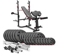 Hop-Sport Banc de Musculation Power Station HS-1065 avec Barre Longue, Curl EZ et Barres Courtes Set d'haltères de 135 kg